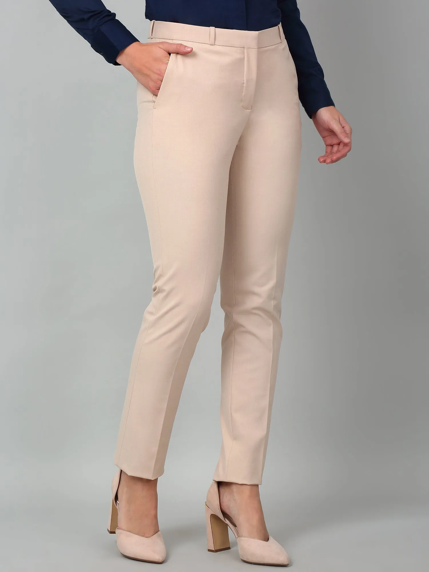 Women's Formal Flat Front Light Fawn Full length Mid rise Trousers