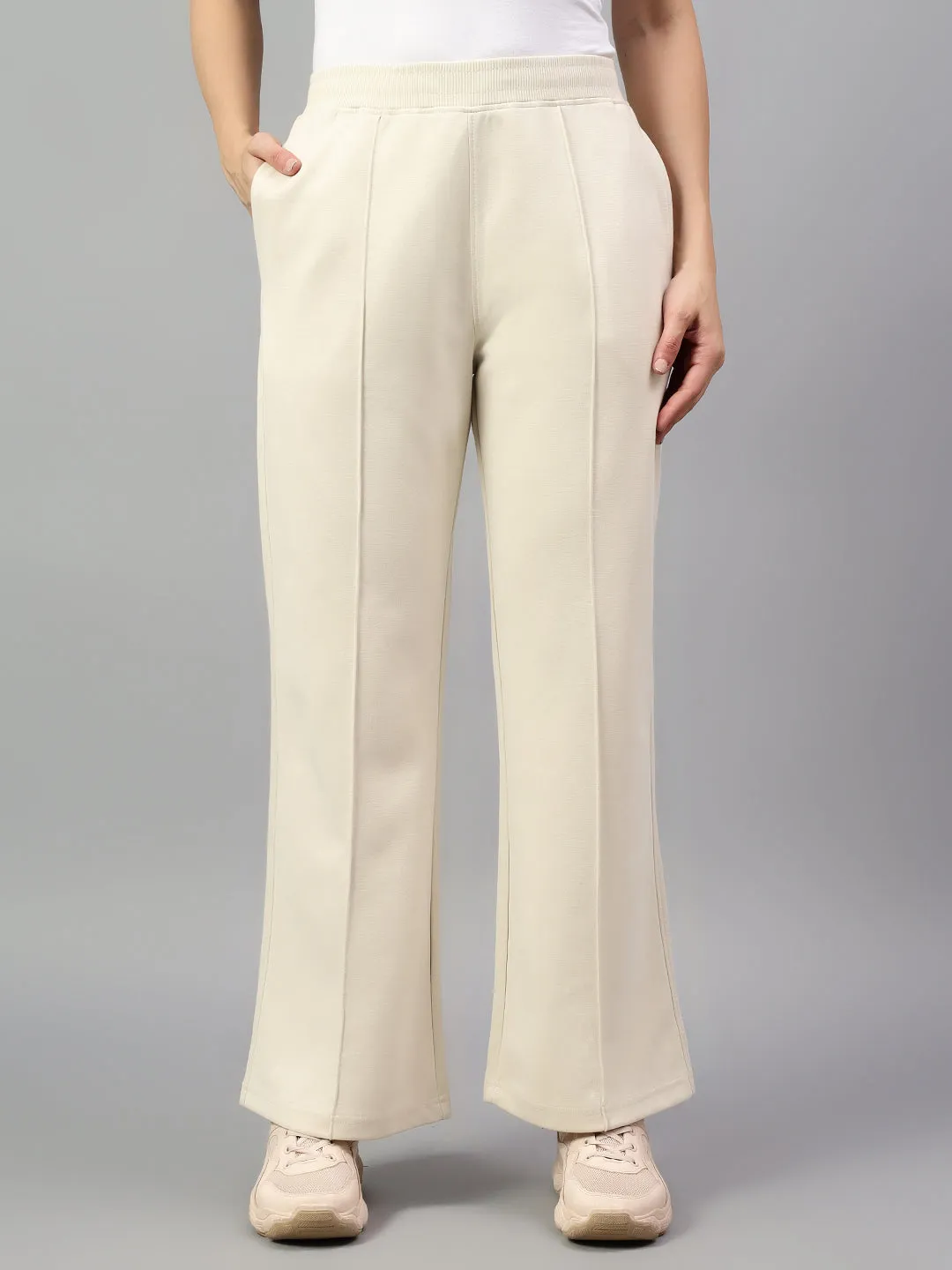 Women's Ivory Solid Casual Winter Trouser