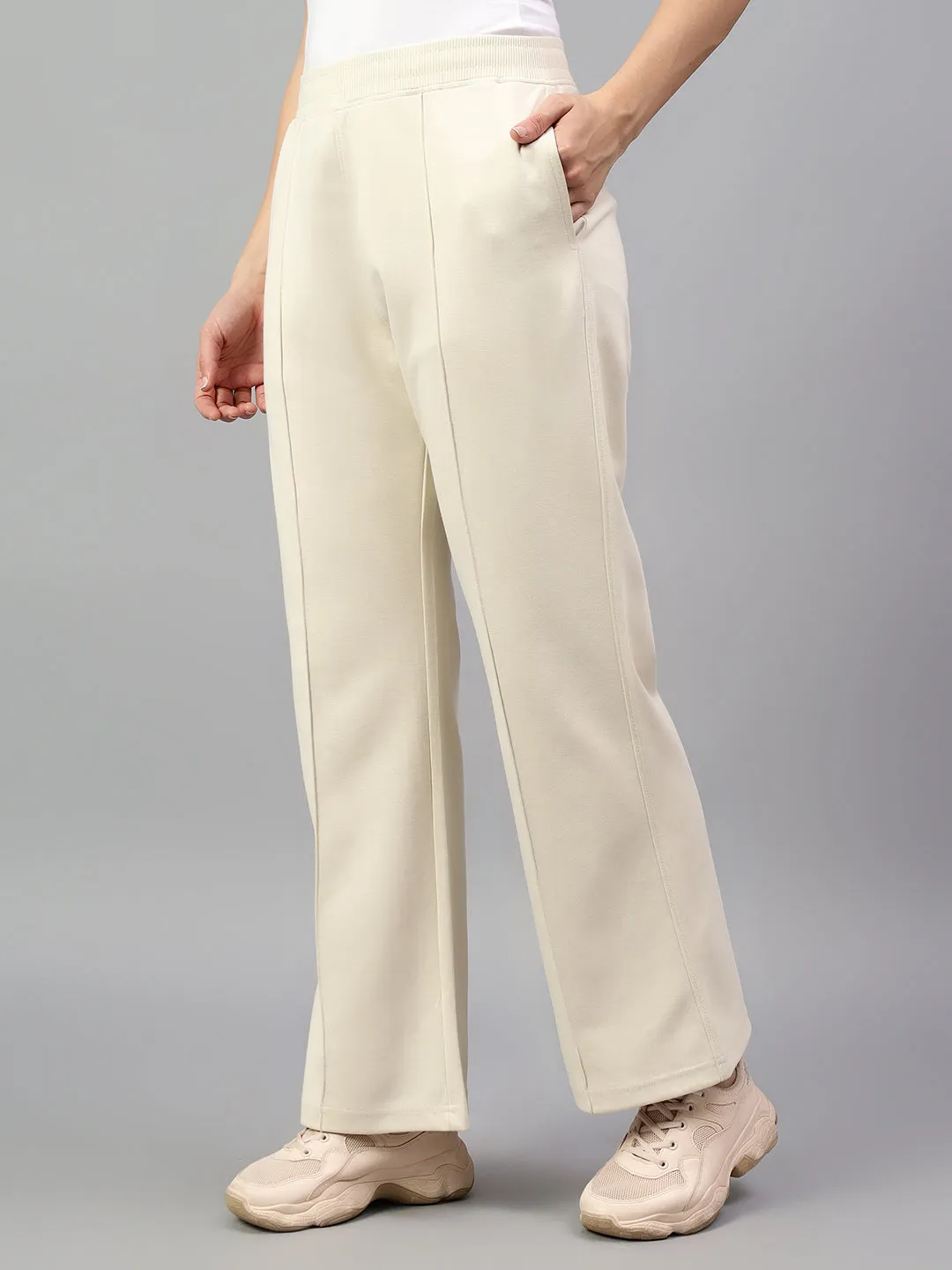 Women's Ivory Solid Casual Winter Trouser