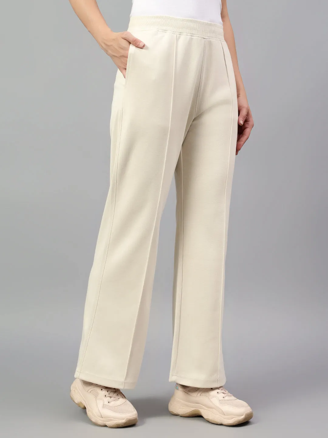 Women's Ivory Solid Casual Winter Trouser