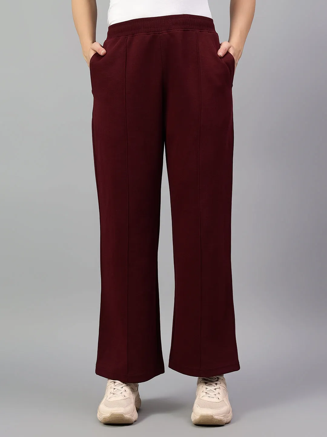 Women's Wine Solid Casual Winter Trouser