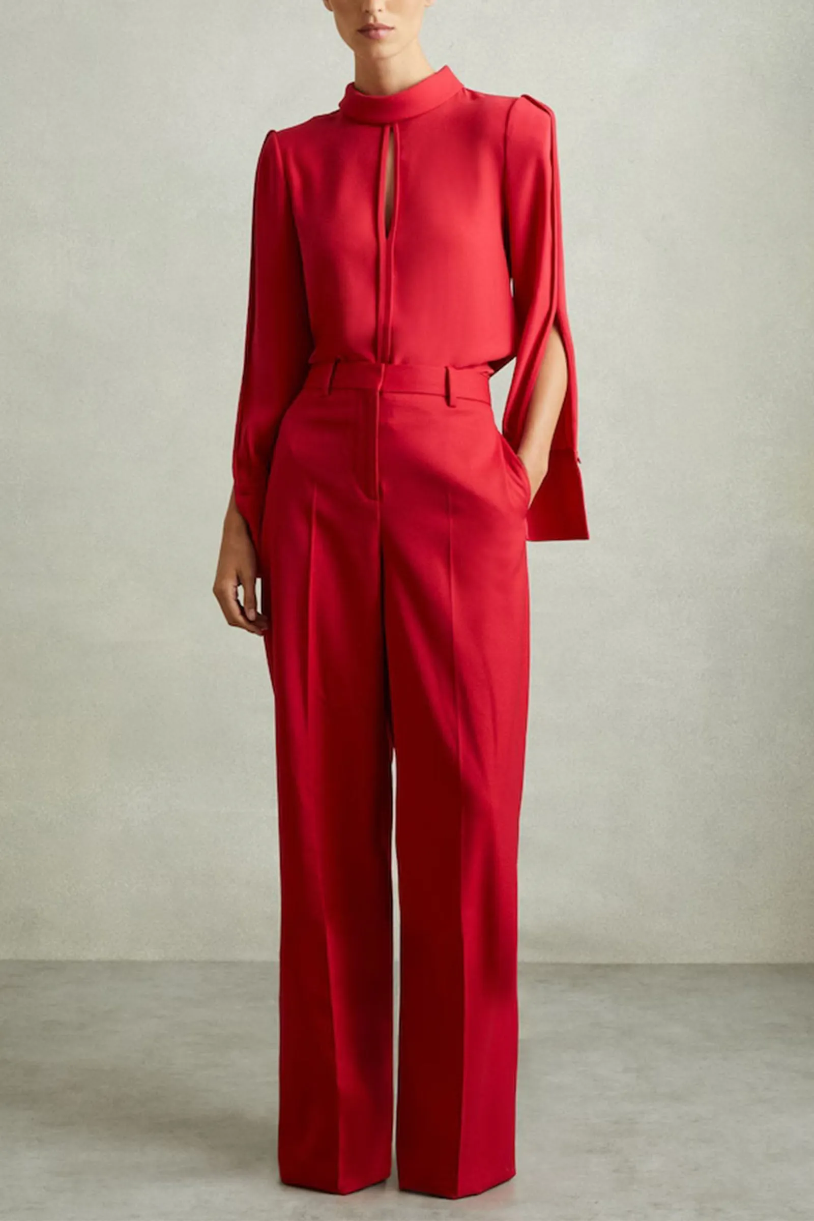 Wool Blend Wide Leg Trousers in Red